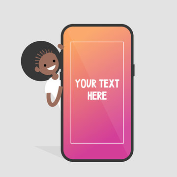 Black female millennial character peeping out from behind the mobile phone. Your text here. Template. Smart phone screen. Flat editable vector illustration, clip art