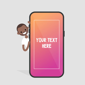 Black millennial character peeping out from behind the mobile phone. Your text here. Template. Smart phone screen. Flat editable vector illustration, clip art