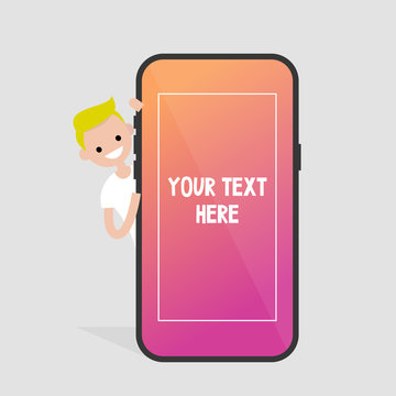 Millennial character peeping out from behind the mobile phone. Your text here. Template. Smart phone screen. Flat editable vector illustration, clip art