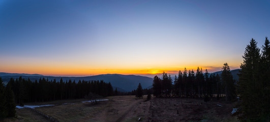 Germany, Panorama of black forest nature landscape from above at sunset