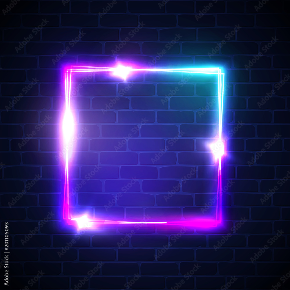 Poster neon background. square frame with glowing and light. electric bright 3d rectangle banner design on 