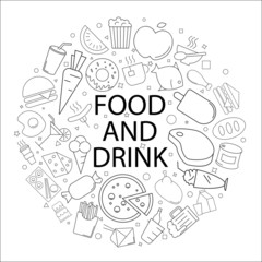 Vector food and drink pattern with word. Food and drink background
