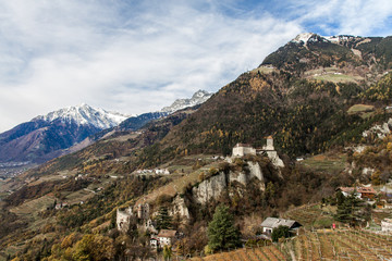 Fototapeta na wymiar View From Tirolo Of Castle Tyrol, Castel Tirolo