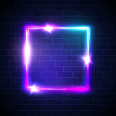 Neon background. Square frame with glowing and light. Electric bright 3d rectangle banner design on brick wall background. Abstract sign with neon colors, flares, sparkles. Vintage vector illustration