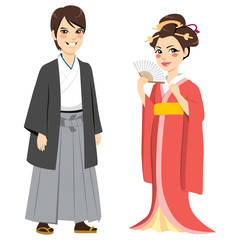 Young happy couple wearing Japanese traditional fashion clothing