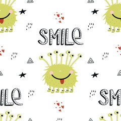 Sourire - Modèle sans couture de monstres drôles avec lettrage. Illustration vectorielle de couleur enfants dans un style scandinave