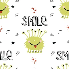 Tapeten Lächeln - nahtloses Muster der lustigen Monster mit Beschriftung. Farbige Kindervektorillustration im skandinavischen Stil © Oksana Stepova