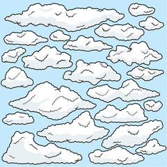 Set of white clouds , Clouds isolated on blue Background. , Clouds patterns and clouds icons, filling sky scenes or user interface games backgrounds.