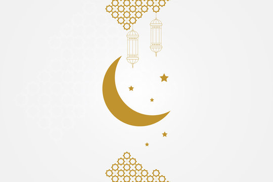 Ramadan kareem greeting card template. Islamic crescent moon, ramadan lamp or lanterns and muslim pattern element.
