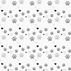 Paw print and heart seamless. Traces of Cat Textile Pattern. Cat footprint seamless pattern. Vector seamless