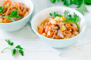 Stew of turkey and vegetables (zucchini, onions, carrots, tomatoes, bell peppers) on a white wooden table