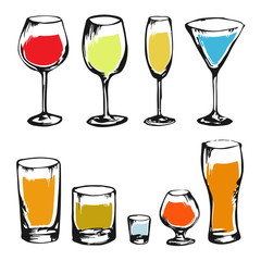 Hand drawn alcohol drinks collection for design. Set of alcohol glasses. Colorful sketch of alcohol. Illustration for bar, restaurant, cafe, night club.