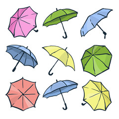 Cute colorful autumn set of umbrellas. Different hand drawn vector umbrellas on the white background. Collection for design. 