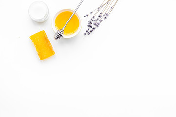 Honey as product for body, face and hair care. Cosmetics with honey. White background top view copy space