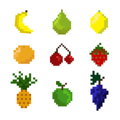 Pixel fruits on a white background. Collection of fruits for game or other. Cute summer ingredients for smoothie.