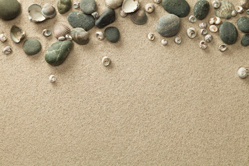 Sand, Beach Background with Shells and Stones