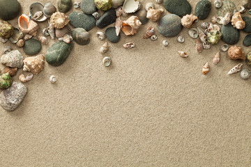 Fototapeta na wymiar Sand, Beach Background with Shells and Stones
