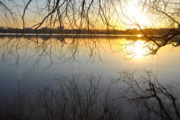Sunset against the background of a river and branches of trees