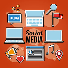people social media networks red blackground technological devices follow profile like information vector illustration