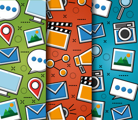 people social media networks banners with computers messages photos camera and text vector illustration