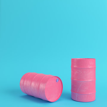 Pink oil barrel on bright blue background in pastel colors