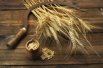 grain of wheat in a small wooden barrel. sickle and ears of wheat on a wooden background.