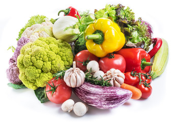 Group of colorful vegetables on white background. Close-up.