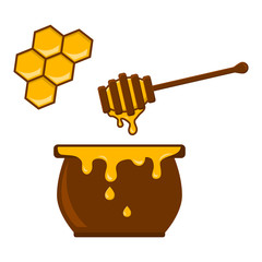 Honey jar, spoon and honeycomb. Vector illustration