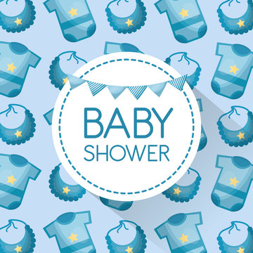 baby shower card bib and clothes blue background celebration boy vector illustration