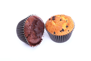 Chocolate, raisin and nut muffins, homemade cupcake isolated on white background.