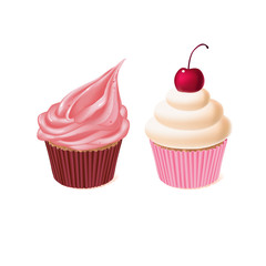 Vector two cupcakes, tasty cakes, sweet pastry. Delicious homemade confectionery with cream, cherry, glaze sugar. Baking product for celebration, birthday isolated on white background