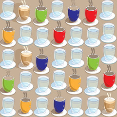 Fototapeta na wymiar Coffee cups Tea Cups and Glasses of Water Seamless Repeat Pattern in Blue Red Green Yellow
