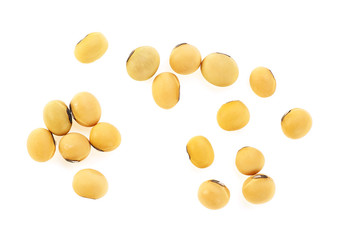 Close up of soybeans on a white background. Top view.
