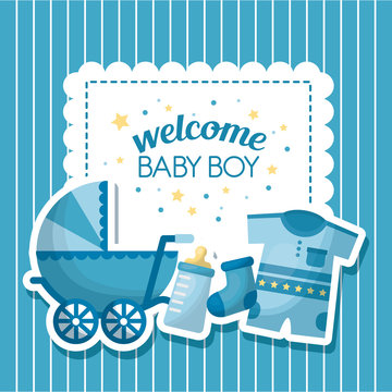 happy baby shower stripe blue bakground  pram  clothes sock bottle sticker welcome boy vector illustration