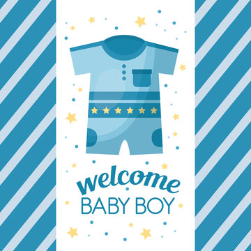 happy baby shower stars stripes blue background clothes welcome boy celebration vector illustration