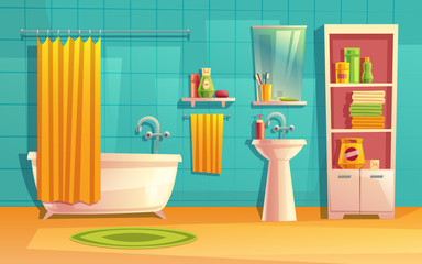 Vector bathroom interior, room with furniture, bathtub, shelves, mirror, faucet, curtain, sink washing gel shampoo Household background cartoon architecture decoration