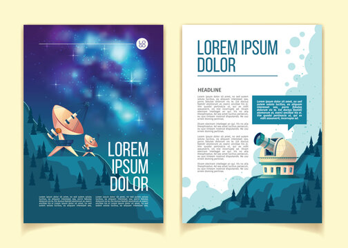 Vector Astronomy Brochure, Flyer With Astronomical Equipment To Observe Night Sky And Stars, Observatory With Giant Telescope, Satellite Dishes On Hills. Mockup For Scientific Leaflet, Cover For Book