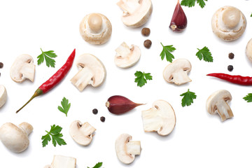 mushrooms with parsley isolated on white background. top view