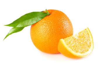 healthy food. orange with green leaf isolated on white background