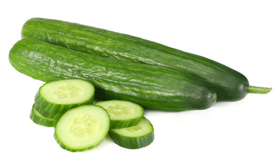 fresh cucumber slices isolated on white background. top view