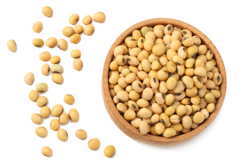 Soybeans in bowl isolated on white background. top view