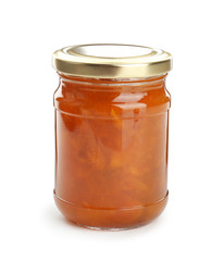 Jar with tasty sweet jam on white background
