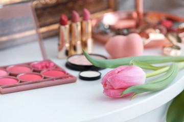 Beautiful tulip on dressing table in makeup room