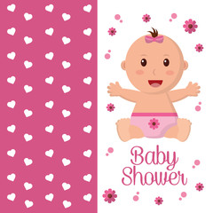 baby shower girl labels pink hearts babe stretching arms smile flowers vector illustration