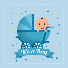 Naklejka premium baby shower boy blue frame stars baby carriage inside a happy babe fest vector illustration