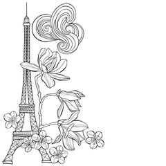 Fototapeta na wymiar Eiffel Tower, magnolia and sakura. Spring illustration with place for text on a white background.Vertical composition. Greeting card, invitation or isolated elements for design.