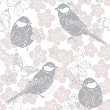Seamless pattern with birds, butterflies and cherry blossoms on a white background. Pastel vector illustration.