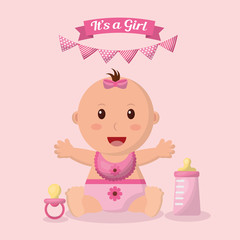 baby shower girl happy little babe stretching arms flowers clothes pacifier pennants vector illustration