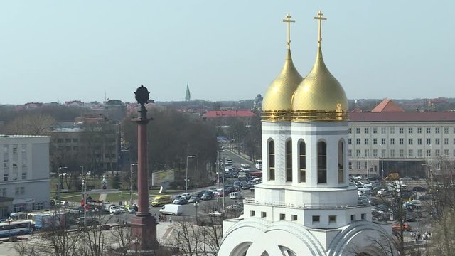 The central square of Kaliningrad. April 2018. Views of the city. Orthodox Church. Kaliningrad is Russian.