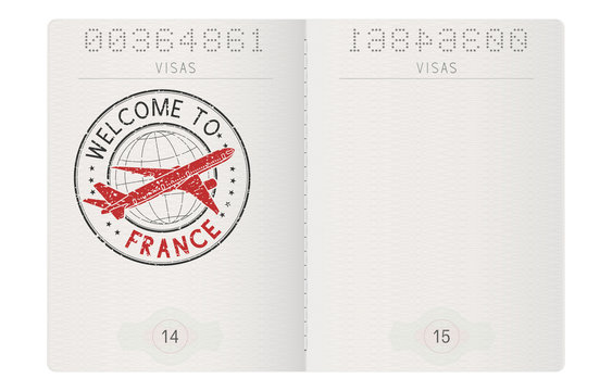 Passport pages with Welcome to France travel stamp